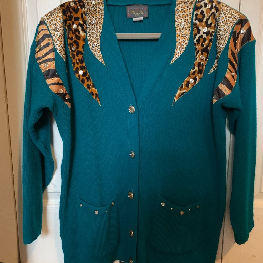 Blue Cardigan Sweater with Animal Print Accents